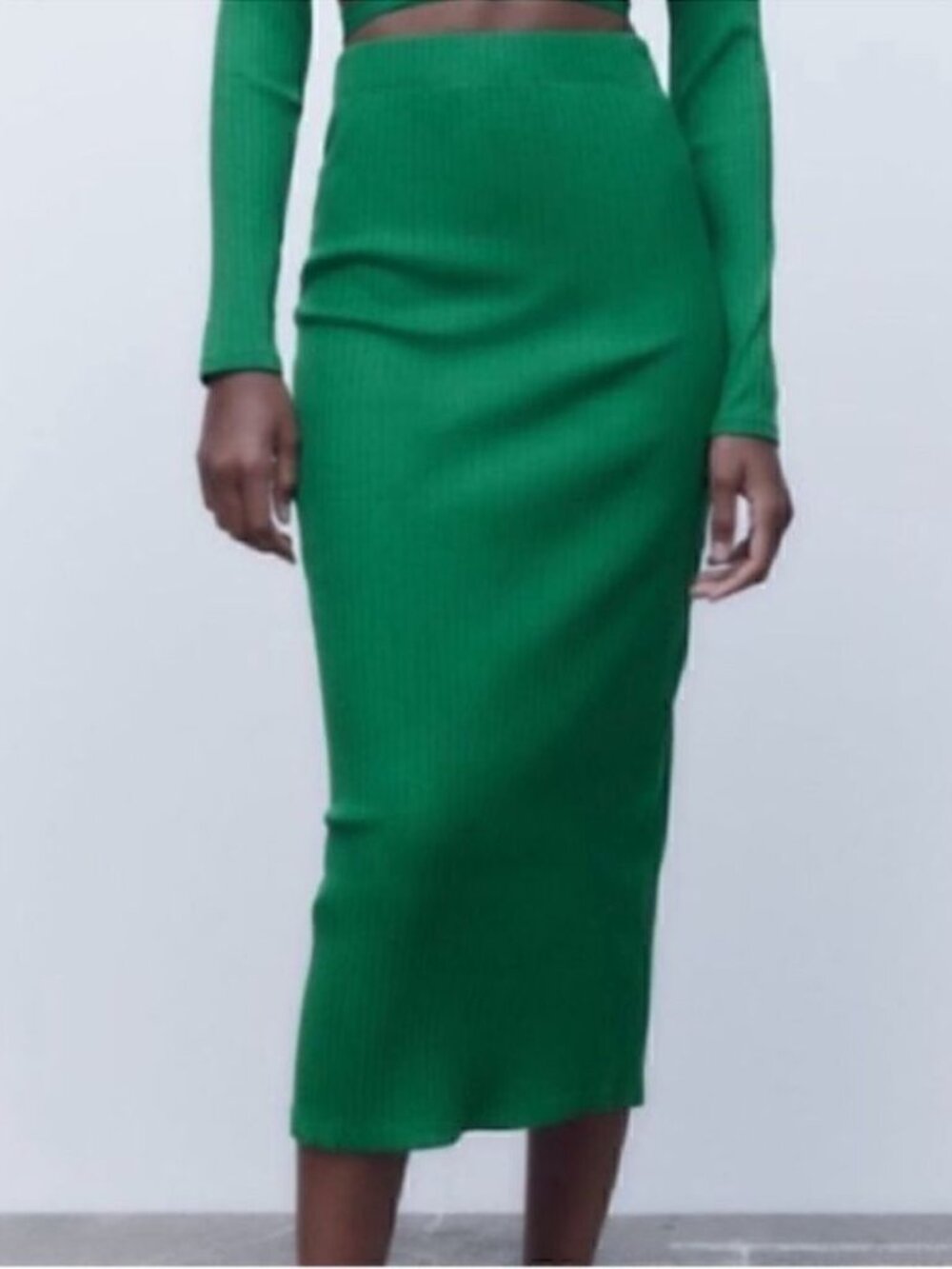 Zara Rib Knit Midi Pencil Skirt in Green Size S EUC Bloggers Favorite